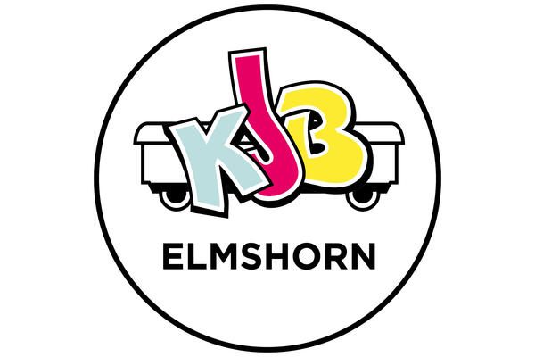 Das Logo des Kinder- und Jugendbeirats der Stadt Elmshorn: Farbige Buchstaben der Abkrzung KJB vor einer Strichzeichnung eins Eisenbahnwaggons.