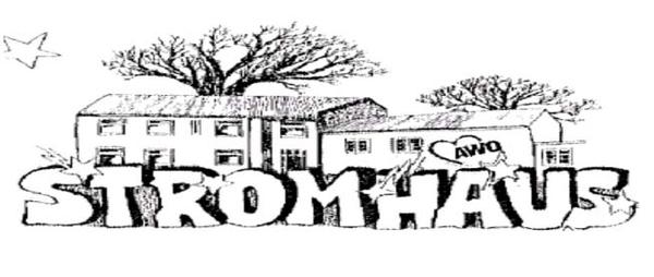 Das Logo des Kinder.- und Jugendhauses "Stromhaus". Der Schriftzug Stromhaus steht in großen Buchstaben vor dem gezeichneten Gebäude.