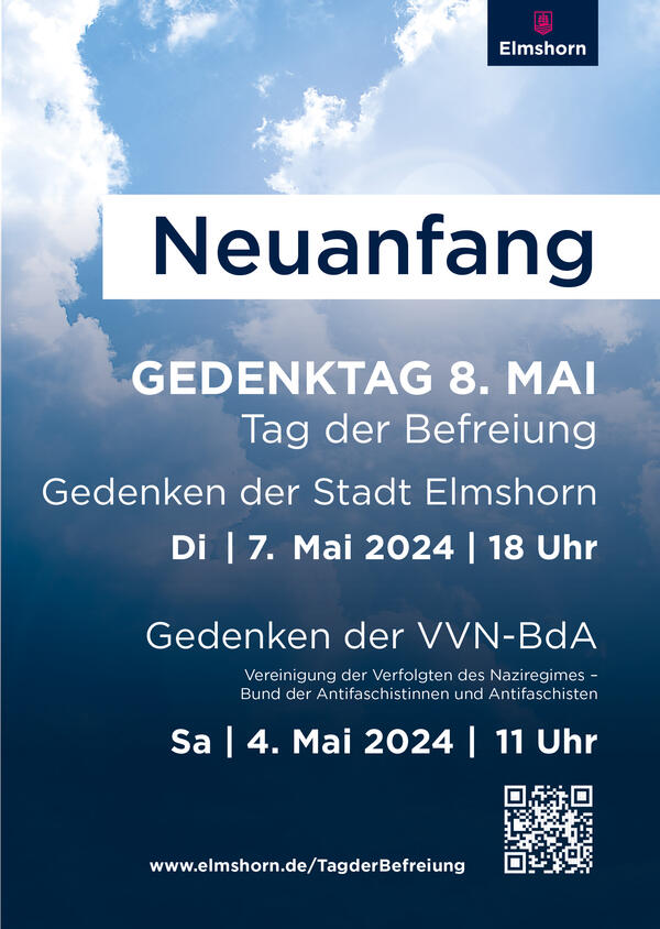 Terminankündigung zum Gedenken zum Tag der Befreiung. Die Veranstaltung beginnt am 7. Mai um 18 Uhr in den Räumen der Evangelisch-Freikirchlichen Gemeinde Elmshorn, Kaltenweide 83.