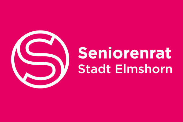 Variante des Logos des Seniorenrates der Stadt Elmshorn. Weißer Schriftzug auf erdbeerrotem Grund.