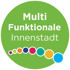 Rundes, grünes Logo mit weißem Schriftzug "Multi Funktionale Innenstadt" und farbigen Punkten darunter