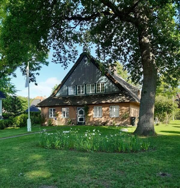 Historisches Haus mit Spitzdach zwischen Bäumen