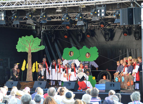 Bild vergr&ouml;&szlig;ern: Der Kinderchor auf der Konzertb&uuml;hne des plattdeutschen Festivals. Die B&uuml;hne ist mit Naturmotiv-Aufstellern dekokiert.