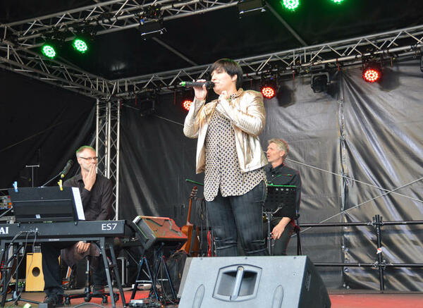 Bild vergr&ouml;&szlig;ern: Die S&auml;ngerin singt in ein Mikrofon auf der B&uuml;hne des plattdeutschen Festivals.