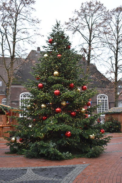 Mit Christbaumkugeln geschmückter großer Tannenbaum auf dem Lichtermarkt Elmshorn.