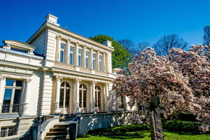 Die Fassade der imposanten Villa strahlt in der Sonne. Im Vorgarten steht ein großer Baum.
