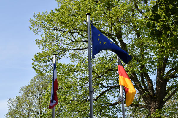 Drei auf Vollmast beflaggte Fahnenmäste bei leichtem Wind. Befllaggt wurde mit der Europaflagge, der Bundesflagge sowie der schleswig-holsteinischen Landesflagge.