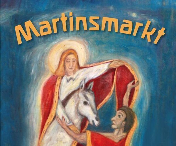 Das Plakat zeigt eine Abbildung des Heiligen Martin auf seinem Pferd, der seinen Mantel mit einem anderen Mann teilt. 
