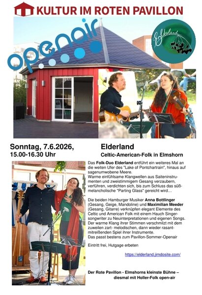 Plakat zum Konzert der Band Elderland am 7. Juni 2026 um 15 Uhr im Roten Pavillon auf dem Gel&auml;nde des Klinikums Elmshorn.