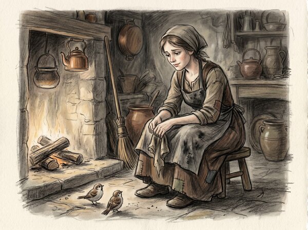 Illustration von Aschenputtel am Kaminofen mit zwei V&ouml;geln
