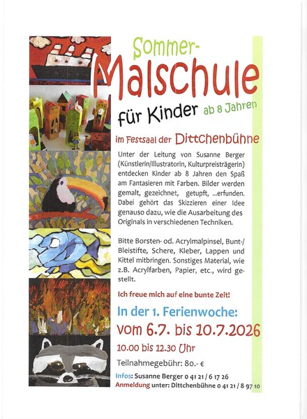 F&uuml;nf Bilder untereinander, auf denen bunte Kunstwerke von Kindern zu sehen sind. Daneben befinden sich schriftliche Angaben zur Malschule.