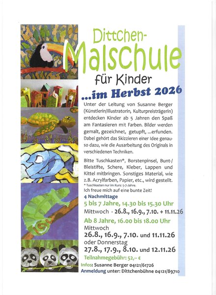 F&uuml;nf Bilder untereinander, auf denen bunte Kunstwerke von Kindern zu sehen sind. Daneben befinden sich schriftliche Angaben zur Malschule.
