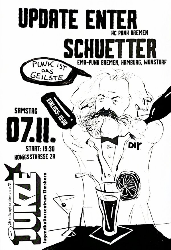 Bild vergr&ouml;&szlig;ern: Plakat f&uuml;r das Konzert der Punk-Bands UPDATE ENTER und SCHUETTER am 7.11.2026 ab 19.30 Uhr im JUKZE (Jugendkulturzentrum Elmshorn) in der K&ouml;nigstra&szlig;e 2a. Einlass ab 19 Uhr.