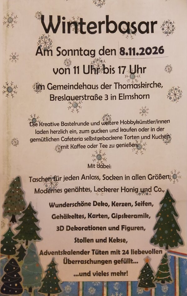 Bild vergr&ouml;&szlig;ern: Flyer mit Angaben undBeschreibung zum Winterbasar am 08.11.2026 in der Thomaskirche.