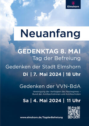 Bild vergr&ouml;&szlig;ern: Terminank&uuml;ndigung zum Gedenken zum Tag der Befreiung. Die Veranstaltung beginnt am 7. Mai um 18 Uhr in den R&auml;umen der Evangelisch-Freikirchlichen Gemeinde Elmshorn, Kaltenweide 83.