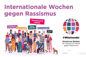 Bild vergr&ouml;&szlig;ern: Grafik einer Gruppe Menschen mit unterschiedlicher Hautfarbe, unterschiedlicher Bekleidung und unterschiedlichem Alter. Sie halten Plakate gegen Rassismus hoch.