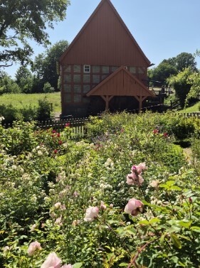 Bl&uuml;hende G&auml;rten mit Fachwerhaus im Hintergrund.