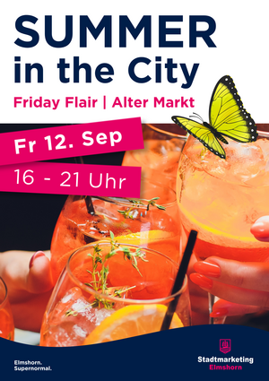 Bild vergr&ouml;&szlig;ern: Das Plakat zu Summer in the City in Elmshorn zeigt unter anderem das Veranstaltungsdatum sowie ein Bild von einigen mit Eisw&uuml;rfeln und Citrusfr&uuml;chten gespickten Getr&auml;nken in Gl&auml;sern.