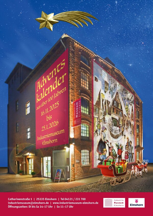 An der Fassade des unter einer Riesen-Sternschnuppe und dem Nachthimmel stehenden Industriemuseums h&auml;ngen ein &uuml;berdimensionaleer Adventskalender und ein Werbebanner.