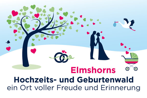 Grafik mit einem Baum mit Bl&auml;ttern aus Herzen, unter dem ein verliebtes P&auml;rchen mit einem Kinderwagen steht. Dar&uuml;ber fliegt ein Storch, der ein Kind bringt. Dazu der Schriftzug: Elmshorns Hochzeits- und Geburtenwald. Ein Ort voller Freude und Erinnerung" 