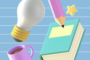 Bild vergr&ouml;&szlig;ern: Eine farbige Grafik mit Gl&uuml;hbirne, Buch ohne Titel, Bleistift, Stern und Kaffeebecher.