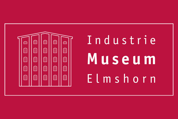 Auf rotem Grund ist in wei&szlig; das Geb&auml;ude des Industriemuseums Elmshorn zu sehen.