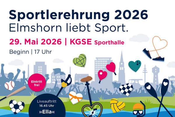 Interneteintrag zur Sportlerehrung am 29. Mai 2026 um 17 Uhr (Einlass 16.30 Uhr) in der KGSE-Sporthalle. Auftritt um 16.45 Uhr: Ella. Dazu viele Sportger&auml;te als Grafiken.
