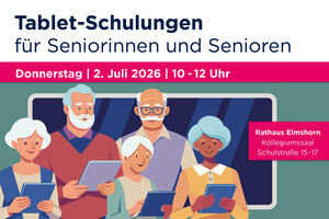 Bild vergr&ouml;&szlig;ern: Grafischer Hinweis auf eine Tablet-Schulung f&uuml;r Seniorinnen und Senioren im Rathaus Elmshorn am 2. Juli 2026 von 10 bis 12 Uhr.