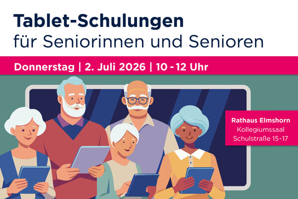 Grafischer Hinweis auf eine Tablet-Schulung f&uuml;r Seniorinnen und Senioren im Rathaus Elmshorn am 2. Juli 2026 von 10 bis 12 Uhr.