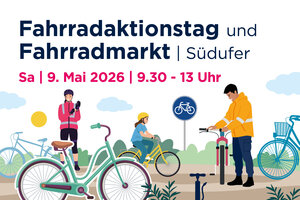Bild vergr&ouml;&szlig;ern: Hinweis auf den Fahrradaktionstag am 9. Mai 2026 von 9.30 bis 13 Uhr am Hafen-S&uuml;dufer in Elmshorn mit grafischen Fahrrad-Symbolen und Personen illustriert.