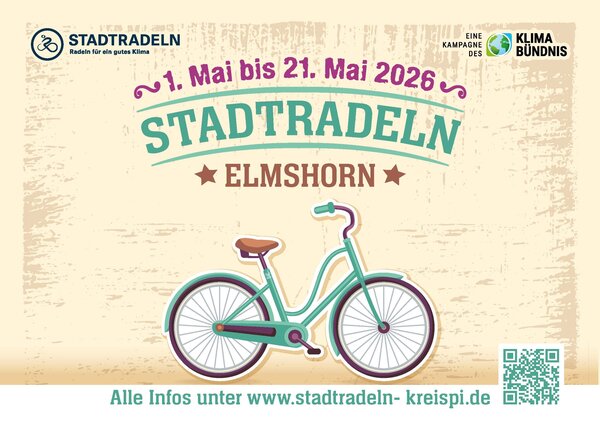 Hinweis auf das Stadtradeln 2026 vom 1. bis zum 21. Mai. Au&szlig;erdem ein Verweis auf die Internetseite zum Stadradeln &uuml;ber URL und QR-Code.