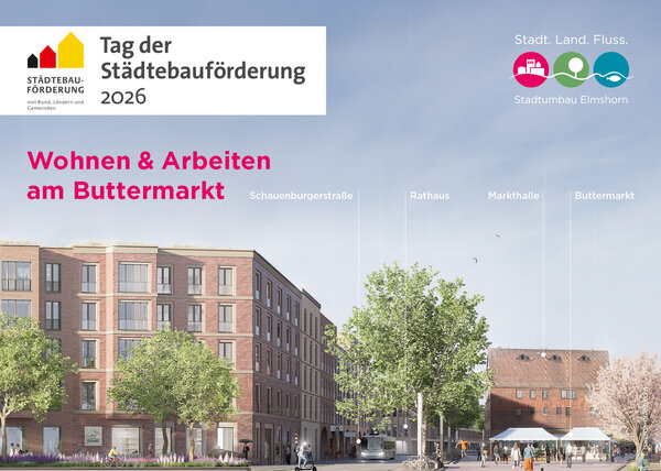 Abbildung des neuen Rathauses im Stadtumbaugebiet - daneben die historische Markthalle.