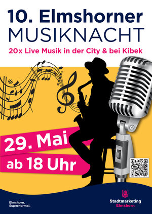 Bild vergr&ouml;&szlig;ern: Plakat mit Angaben zur 10. Elmshorner Musiknacht. Ein Mikrofon im Vordergrund, dahinter die schwarze Silhouette einer Person mit Hut, die Saxophon spielt. Noten schwireen vpm Saxophn aus durch das Bild.