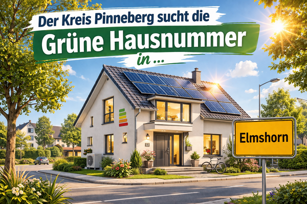Bild vergr&ouml;&szlig;ern: Grafik des Kreises Pinneberg zur Auszeichnung unter dem Titel Gr&uuml;ne Hausnummer mit einer symbolischen Hausdarstellung und dem Ortsschild Elmshorn.