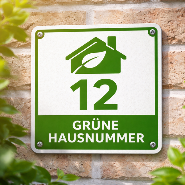 Bild vergr&ouml;&szlig;ern: Hausnummernschild zur Auszeichnung Gr&uuml;ne Hausnummer, das an entsprechend zertifizierten Geb&auml;uden angebracht wird.