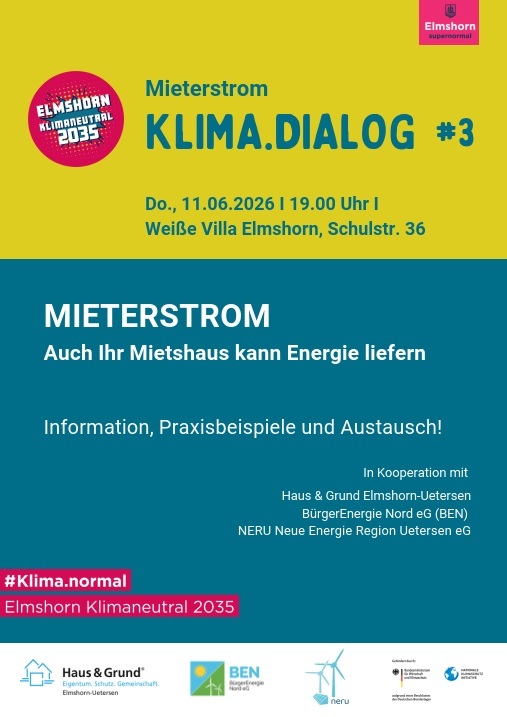 Plakat zum Klima.Dialog #3 am 11.06.2026 um 19 Uhr in der Wei&szlig;en Villa Elmshorn, Schulstra&szlig;e 36, zum Thema Mieterstrom.