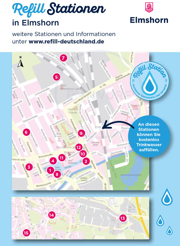 Karte, auf der die Refill-Stationen in Elmshorn eingetragen sind.