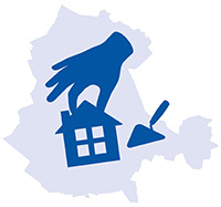 Bild vergr&ouml;&szlig;ern: Das Logo zum Innenentwicklungskonzept zeigt eine Hand mit Haus und Maurerkelle auf dem Hintergund des Stadtumrisses Elmshorns.