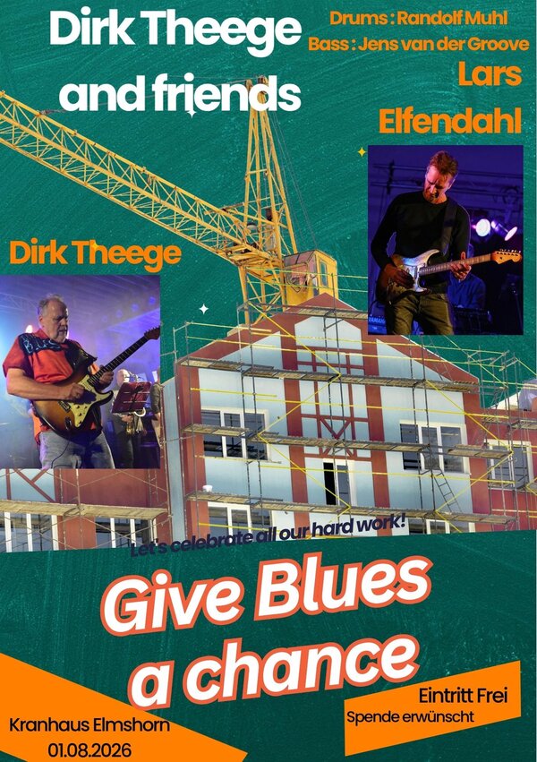 Ank&uuml;ndigung eines Blueskonzertes mit der Abbildung eines Krans &uuml;ber einem Fachwerkhaus, Abbildungen von Musikern und unter anderem dem Titel "Give blues a chance".