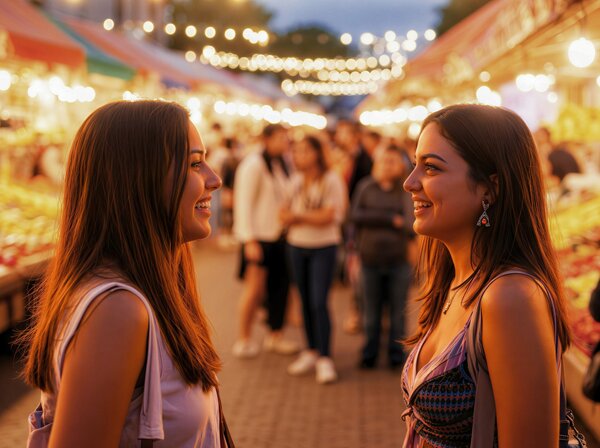 Zwei junge Frauen im Vordergrund - im Hintegrund sind mit Unsch&auml;rfe Personen, Marktst&auml;nde und Beleuchtung in der Abendd&auml;mmerung zu sehen.