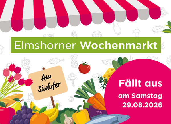 Farbenfrohe Grafik einen Marktstandes mit Obst, Gem&uuml;se und Tulpen inklusive Hinweis, dass der Markt am Samstag, den 29.08.2026 ausf&auml;llt,.