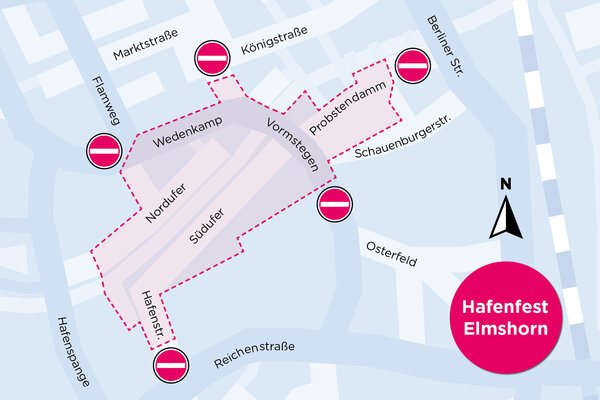Bild vergr&ouml;&szlig;ern: Die Grafik zeigt einen Kartenausschnitt der Elmshorner Innenstadt mit Hinweisen zu Sperrungen f&uuml;r das Hafenfest 2026