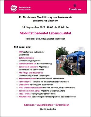 Bild vergr&ouml;&szlig;ern: Plakat zum 11. Mobilit&auml;tstag des Seniorenrats am 16.09.2026 von 10 bis 13 Uhr auf dem Buttermarkt. Dazu eine Vielzahl von aufgef&uuml;hrten Informations- und Mitmachangeboten der Ausstellenden.