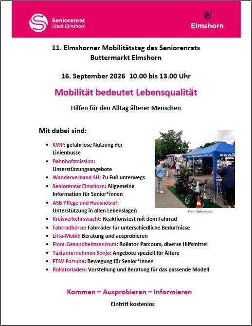 Plakat zum 11. Mobilit&auml;tstag des Seniorenrats am 16.09.2026 von 10 bis 13 Uhr auf dem Buttermarkt. Dazu eine Vielzahl von aufgef&uuml;hrten Informations- und Mitmachangeboten der Ausstellenden.