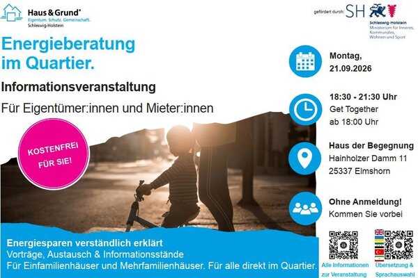 Bild vergr&ouml;&szlig;ern: Werbeplakat zur Informationsveranstaltung "Energieberatung im Quartier. F&uuml;r Eigent&uuml;mer*innen und Mieter*innen. Kostenfrei am 21.09.2026 ab 18 Uhr im Haus der Begegnung in Elmshorn.