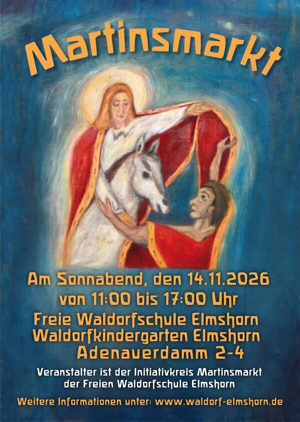 Plakat f&uuml;r den Martinsmarkt am 14.11.2026. Eine Zeichnung mit dem Heiligen Martin.