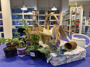 Bild vergr&ouml;&szlig;ern: Pflanzen und andere Utensilien, die auf einem Tisch drapiert sind, um auf die bevorstehende Pflanzenb&ouml;rse der Stadtb&uuml;cherei Elmshorn hinzuweisen.