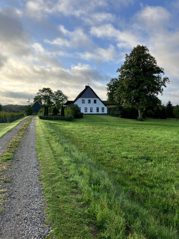 Ein Weg f&uuml;hrt zu einem historischen Haus mit Spitzdach, das hinter einer gr&uuml;nen Wiese liegt.