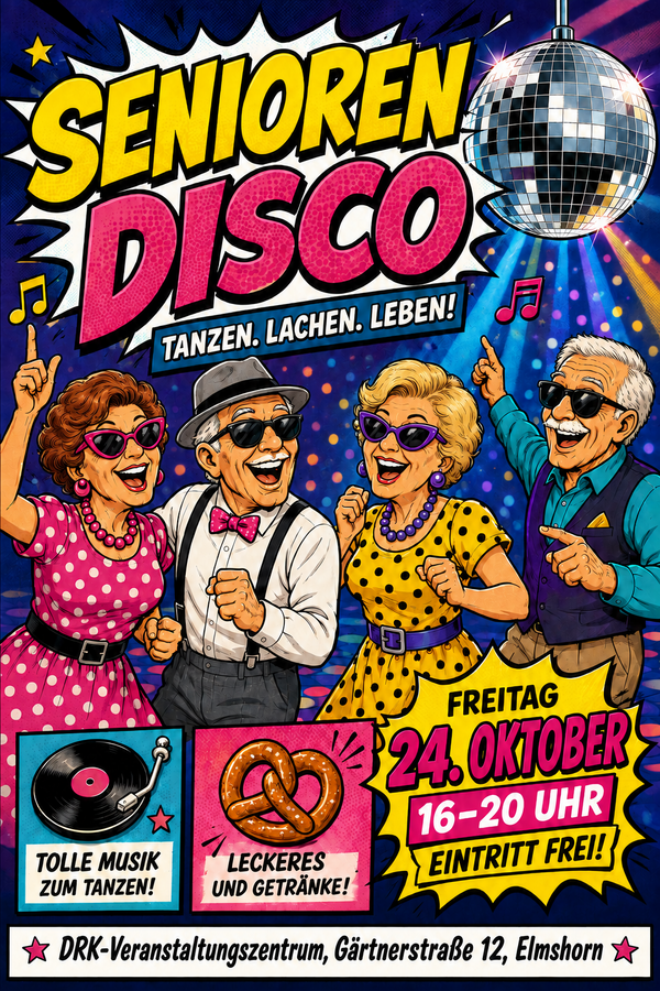 Bild vergr&ouml;&szlig;ern: Gut gelaunte Seniorinnen und Senioren feiern unter einer Discokugel.