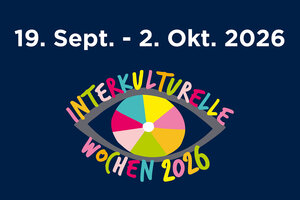 Bild vergr&ouml;&szlig;ern: Buntes Auge, &uuml;ber und unter dem "Interkulturelle Wochen 2026" stehen. Dar&uuml;ber: "19. September bis 2. Oktober 2026".